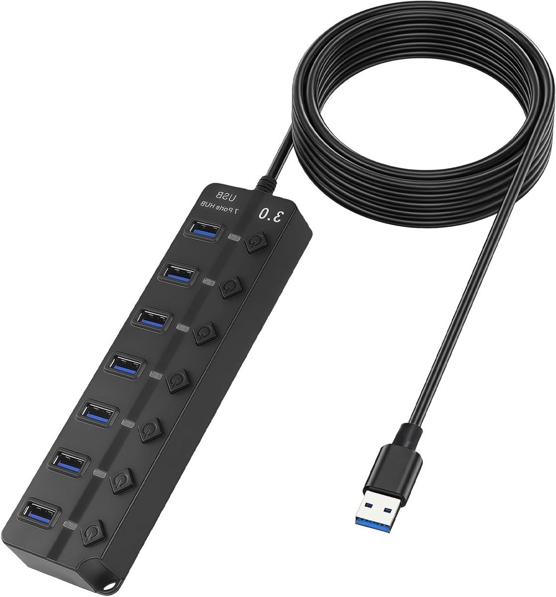 7-poorts USB-hub met voeding met onafhankelijke schakelaars en LED's, USB 3.0 2.0-hub voor pc, laptop, Mac, Windows, Linux, kabel van 1,2 m