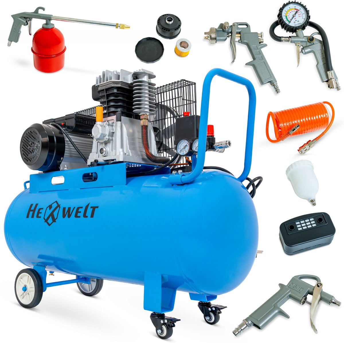 HEXWELT Olie Compressor 100L - 2200W 8 Bar - 370 l/min - 5-in-1 Set