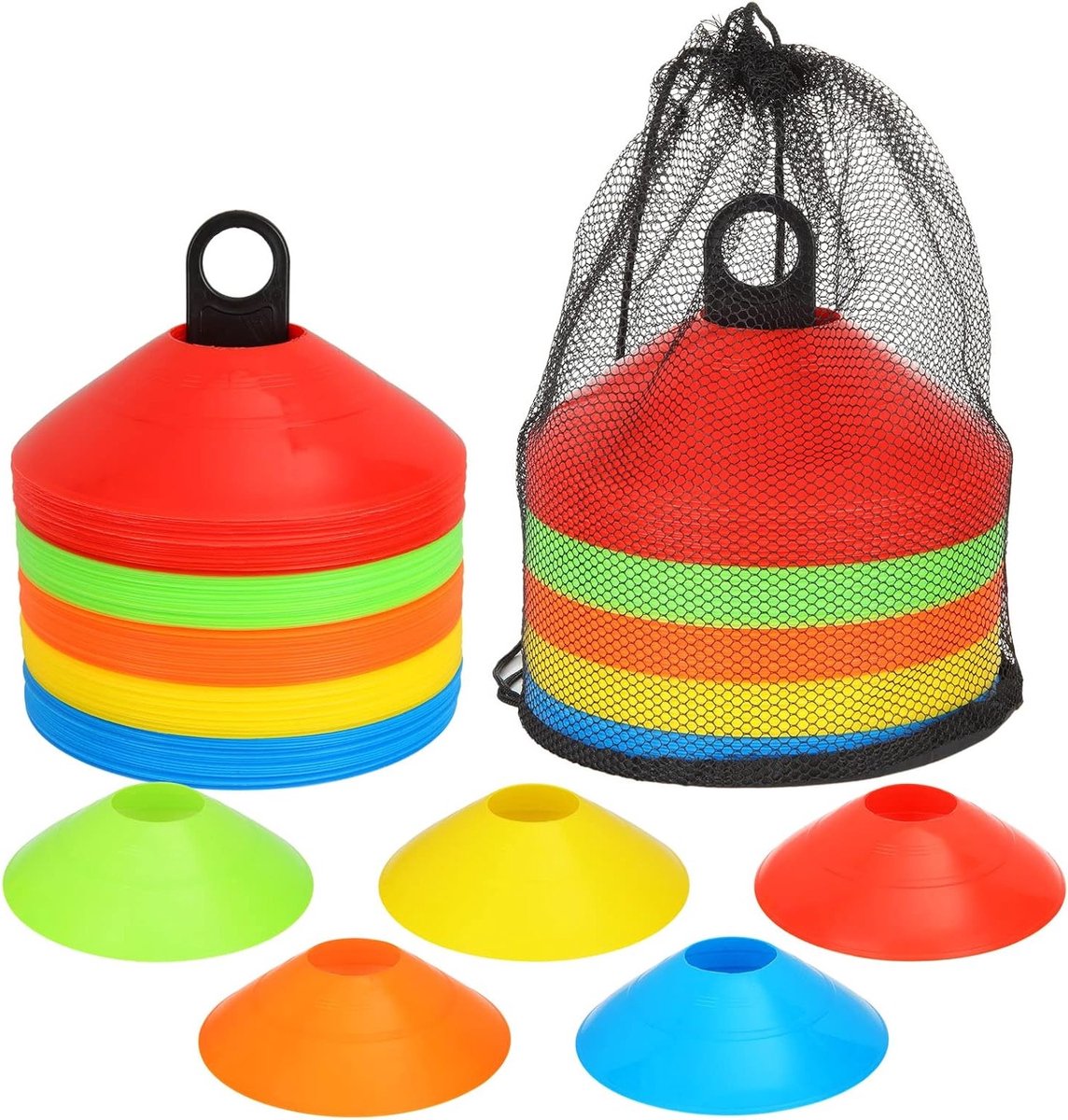 Markering Hütchen Set voor Voetbaltraining met Houder en Mesh Pocket - Ideaal voor Hockey, Handbal en IJsloop - Verkrijgbaar in 5 Kleuren