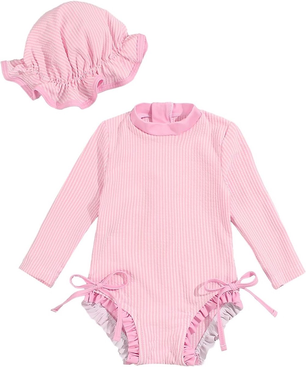 Zomerse Baby Meisjes Badpak met Lange Mouwen en Zonnehoed - UV Bescherming en Comfortabel Zwemkleding