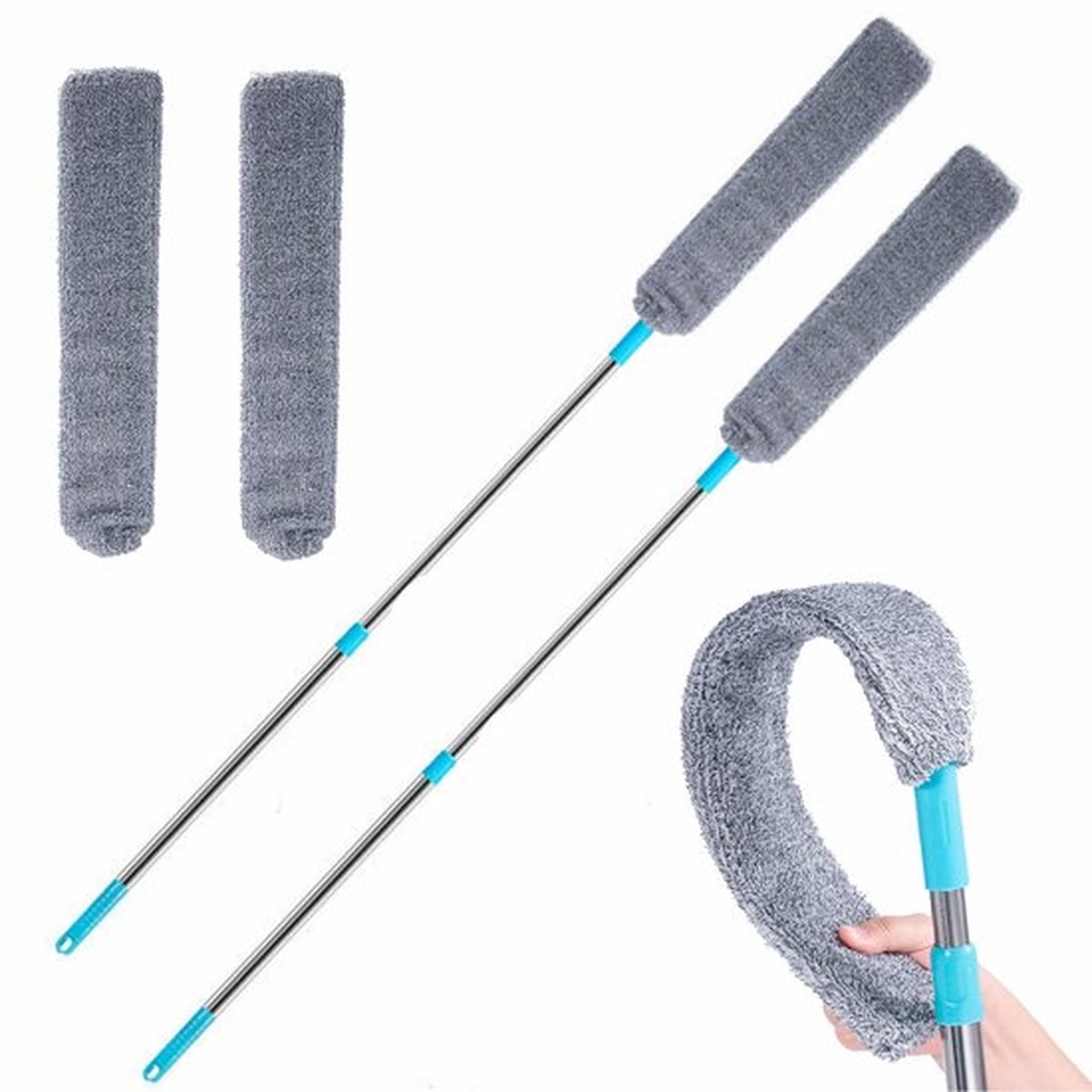 2 Stuks Uitschuifbare Spleetstofdoek - Microvezel Stofborstel met Telescoopsteel – Voor Meubels, Apparaten en Plafonds – Grijs