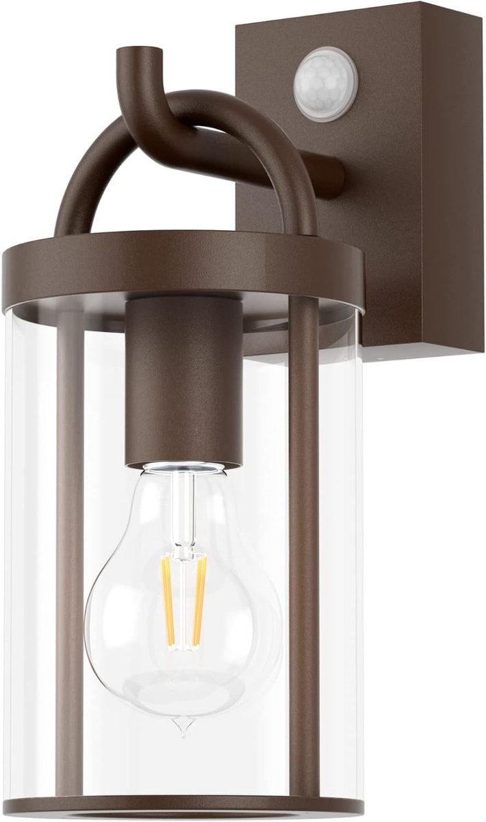 Vintage Buitenwandlamp met Bewegingssensor - Industrieel Retro Ontwerp, Aluminium, E27 Fitting, IP44, Roestbruin, Geschikt voor Tuin en Terras