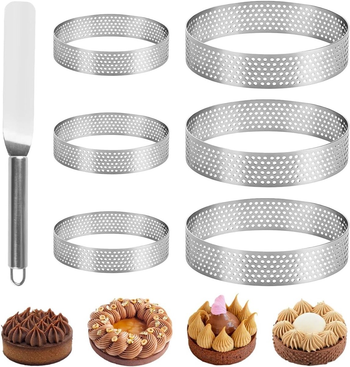 Set van 6 perforatie cake ringen, ø 6 cm en 8 cm, inclusief spatula van 22 cm voor desserts en taarten