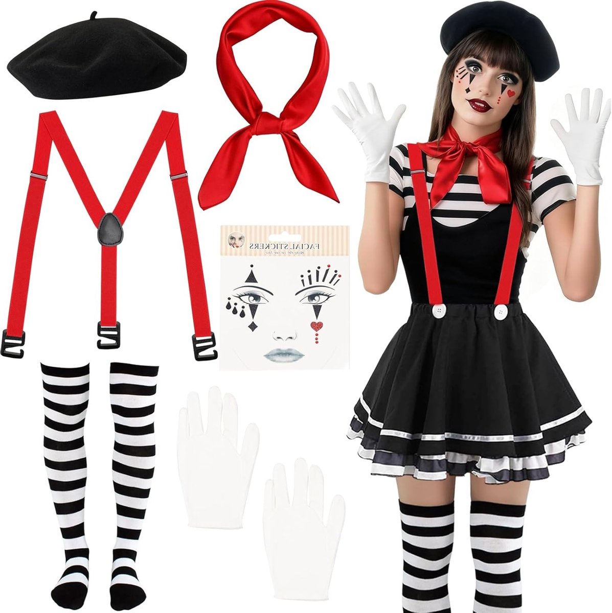 Vrouwelijk 6-delig circus kostuum met pantomime stijl, clown accessoires, en carnavalsoutfit voor Halloween en cosplay