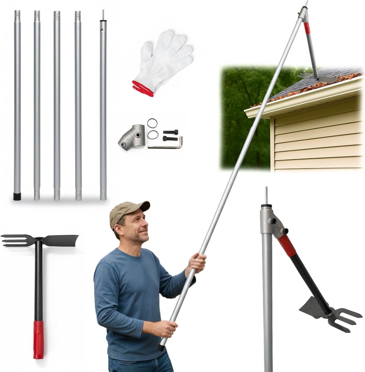 Verlengbare Gootreiniging Tool met 2-in-1 Kop, 6 Telescopische Stokken voor het Verwijderen van Bladeren, Takken en Vuil