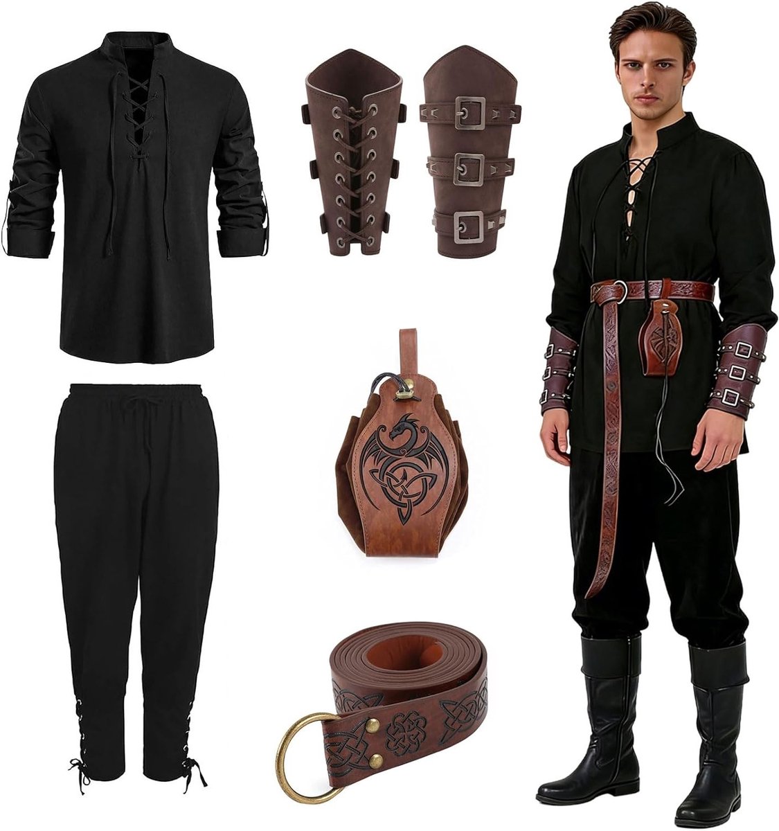 Compleet Middeleeuws Kostuum voor Mannen - Renaissance Piraten Outfit met Shirt, Broek, Riem en Accessoires voor Carnaval en Cosplay