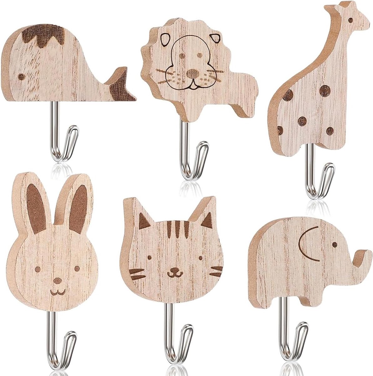 Schattige Dieren Houten Haakjes voor Kinderen - Wandhaakjes voor Kleding, Handdoeken en Hoeden in Badkamer, Kinderkamer en Keuken