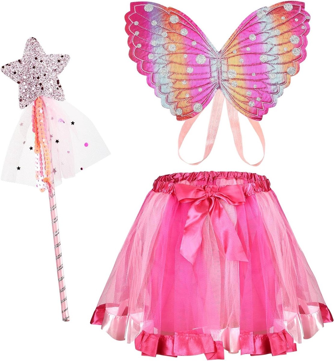 3-delig Vlinder Kostuum voor Meisjes met Vleugels, Tutu Rok en Toverstaf voor Carnaval en Feestjes