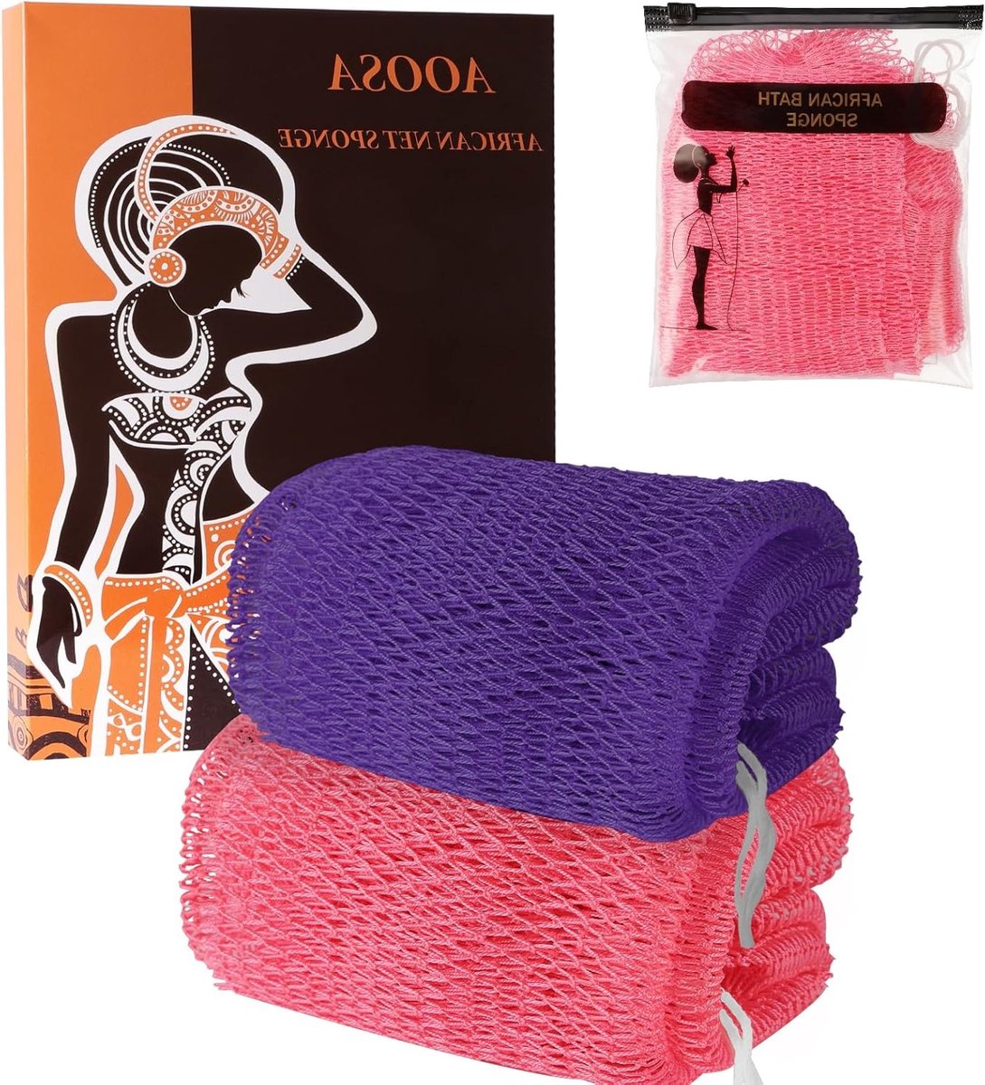 Exfoliërende Net Sponsen Set van 2, Sneldrogende Bad Sponsen voor Lichaamsverzorging, Ideaal voor Scrubben en Peelen, Geschikt voor Dames en Heren, Paars & Roze