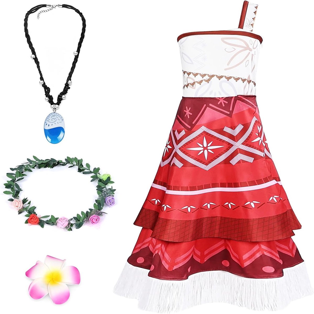 Moana Prinsessen Kostuum voor Meisjes, 4-delige Set met Zomerjurk, Accessoires en Bloemenkroon, Perfect voor Carnavalsfeesten en Verkleedpartijen