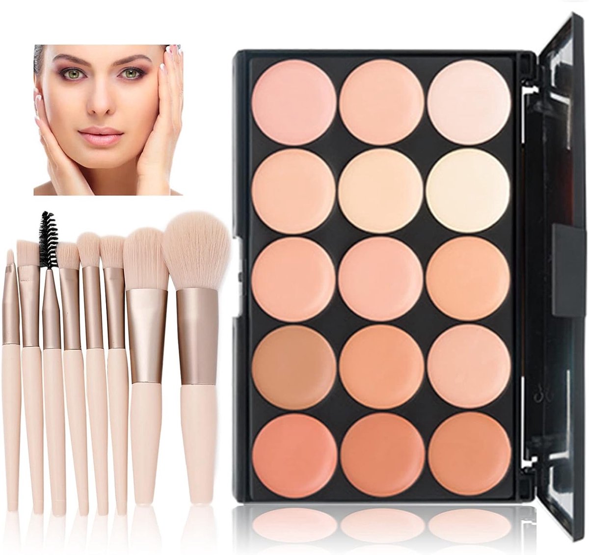 Kleurcorrectie Make-up Palette met 15 Crème Kleuren en 8 Make-up Kwasten voor een Egalere Huid en een Perfecte Teint