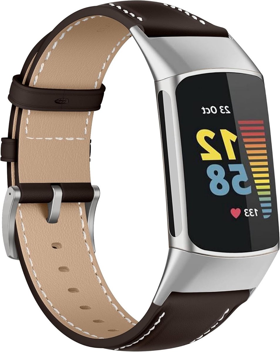 Vintage Leren Horlogeband met Metalen Gesp, Ademend Vervangend Polsbandje voor Fitbit Charge 5-6, Comfortabele en Stijlvolle Armband voor Mannen en Vrouwen, Koffiekleur