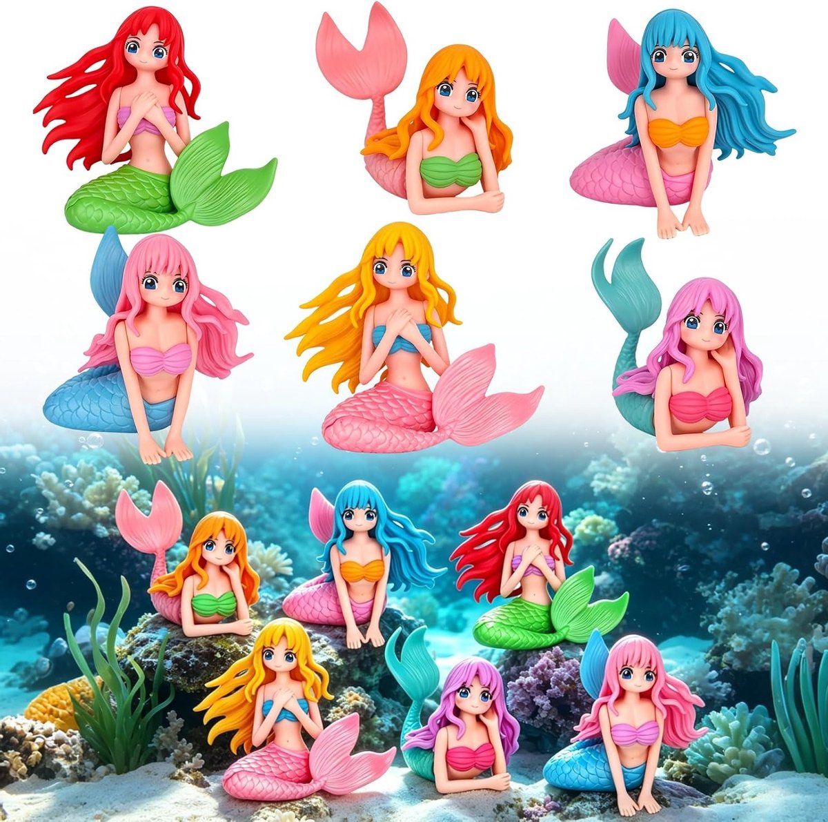 Set van 6 mini zeemeermin figuren voor taartdecoratie, aquarium en feeëntuin, perfect als cadeau voor meisjes en maritieme feestjes