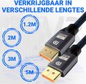 Twee DisplayPort 2.1 kabels met grijs omhulsel en gouden connectoren, naast cirkels met '1.2M', '2M', '3M' en '5M'.