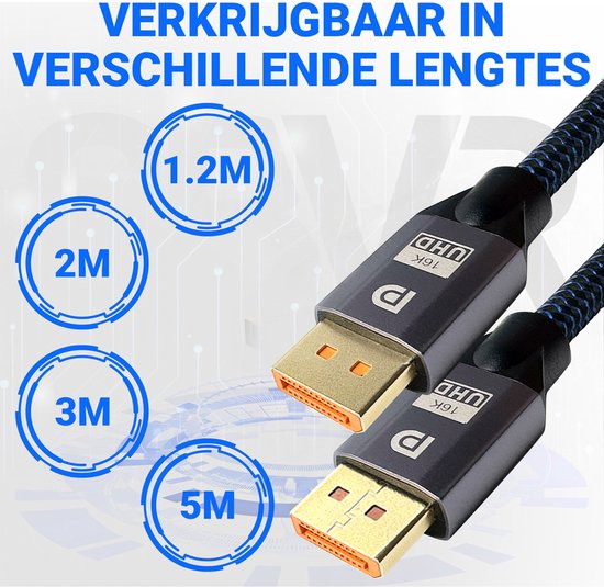 Twee DisplayPort 2.1 kabels met grijs omhulsel en gouden connectoren, naast cirkels met '1.2M', '2M', '3M' en '5M'.