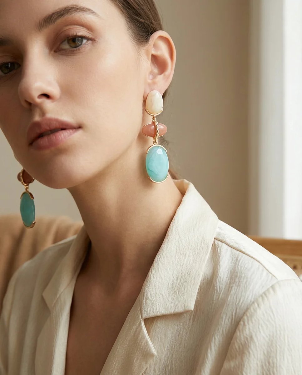 Dorvina Vintage Dames Oorbellen Dames Oorbellen Goud Detail Krem Pembe Blauw Ovaal Steen Hangende
