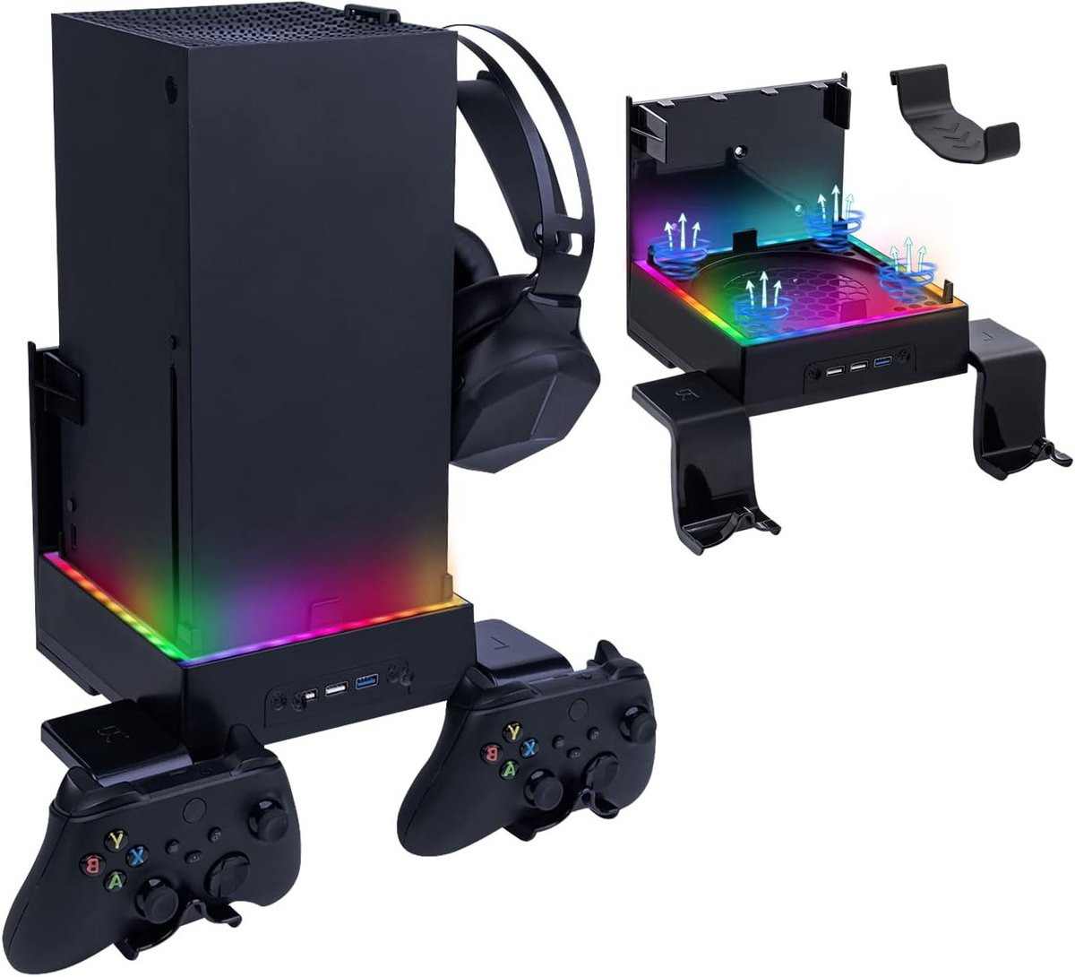 Wandmontage koeler voor Xbox Series X met RGB LED, USB-poorten en controllerhouders, ideaal voor gamers