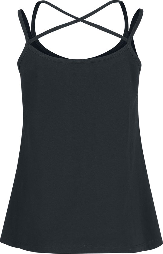 Zwarte tanktop met gekruiste spaghettibandjes op de rug.