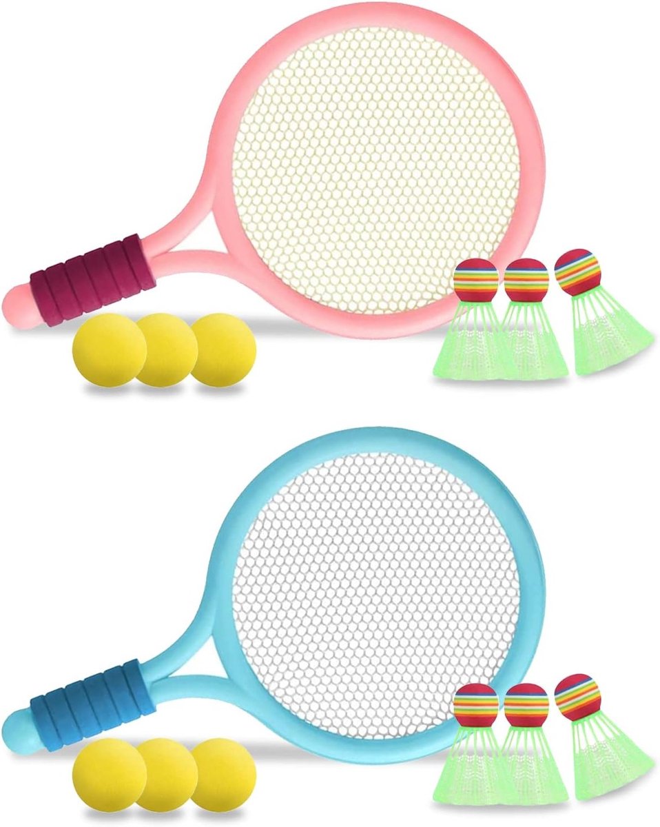 Complete Badminton Set voor Kinderen - Lichtgewicht Badmintonrackets, 6 Badmintons en 6 Tennisballen voor Buiten- en Binnensporten, Perfect Cadeau voor Actieve Kinderen