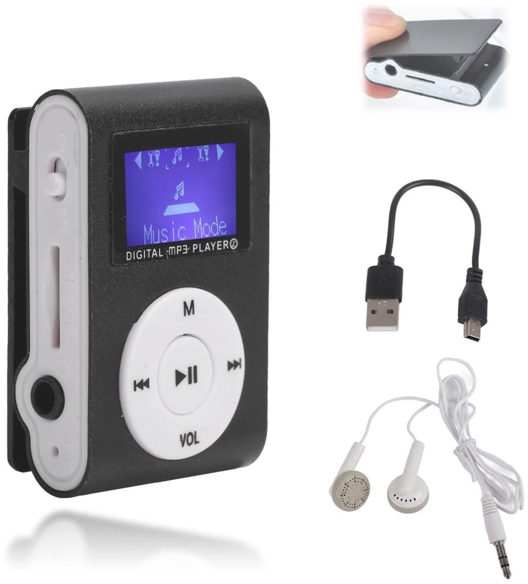 aladdien - Mp3-speler - Draagbare muziekspeler - Sportback-clip - Zwart - Ondersteuning voor geheugenkaart - Ideaal voor sporters - Compact en licht..