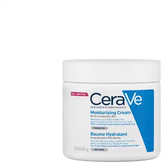 Witte pot CeraVe Moisturising Cream 454g, met blauw en wit label.