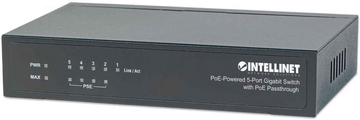 5-Poort Gigabit PoE+ Switch met PoE Pass-through en 200m Bereik, Stille Werking