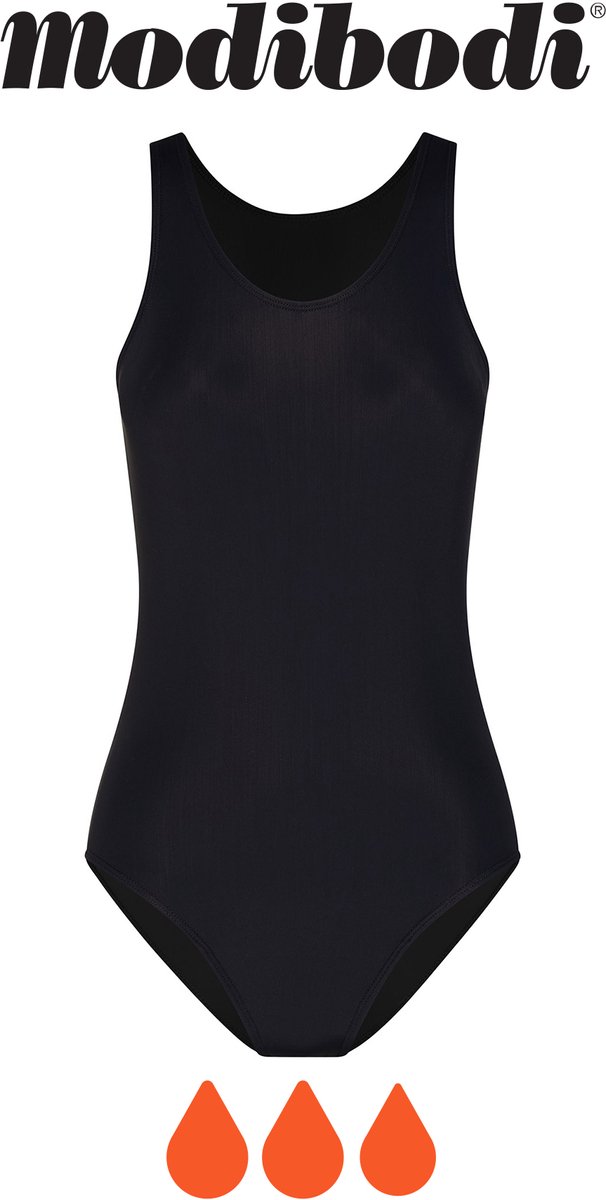 Modibodi Menstruatie Zwemkleding Tiener Super Absorberend Racerback Badpak Zwart Y10-12