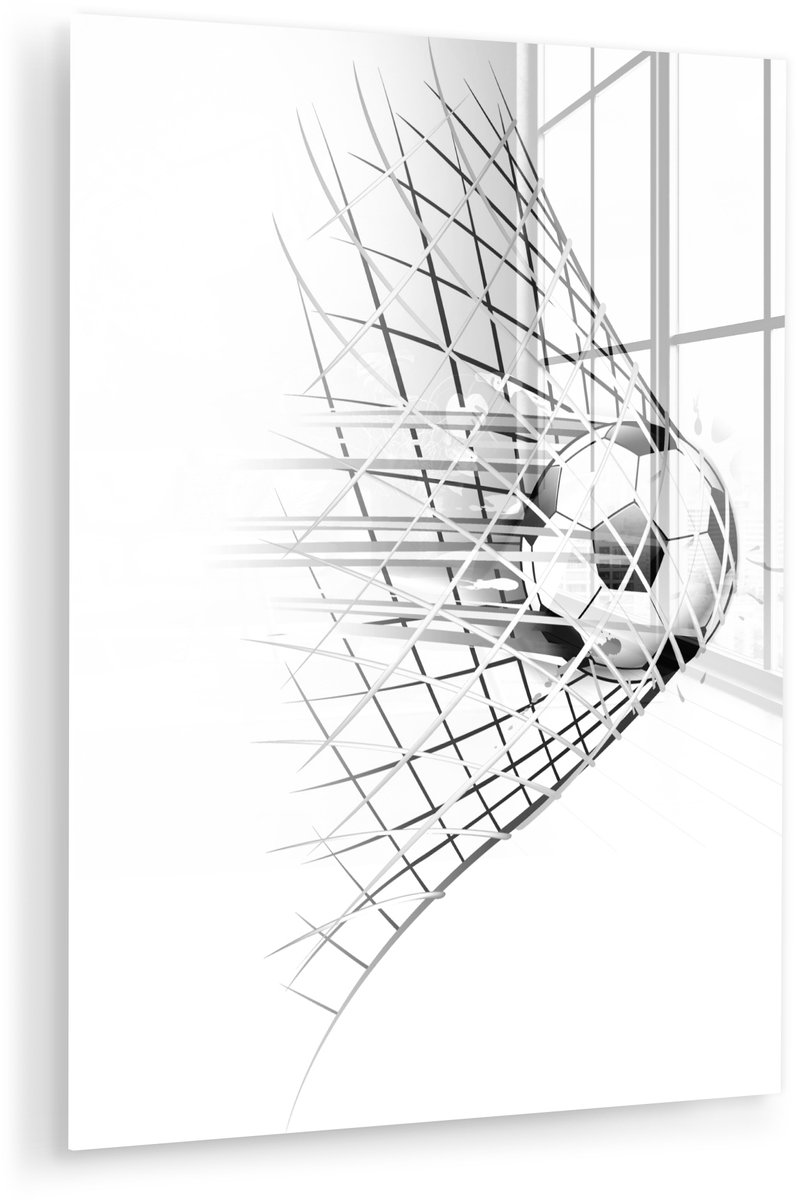 ® Glasschilderij 90x120 cm - Schilderij acrylglas - Een illustratie van een voetbal die het doel in gaat - Jongetjes - Meisjes - Kids - Foto op glas - Muurdecoratie woonkamer - Wanddecoratie slaapkamer - Schilderijen