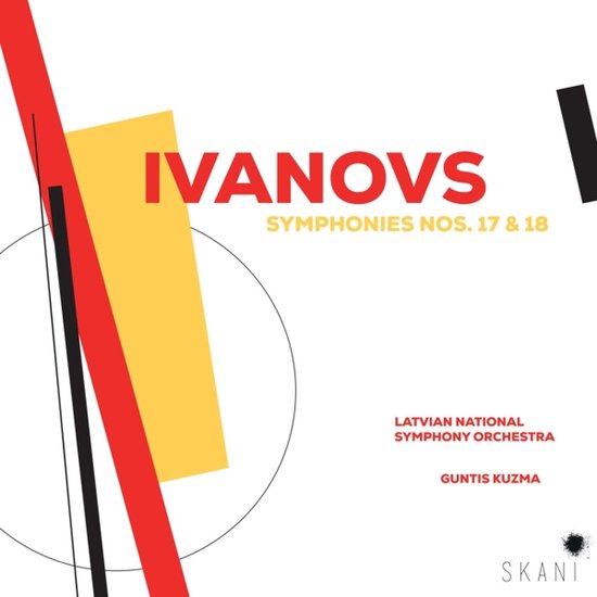 Albumhoes: Ivanovs, symfonieën nrs. 17 & 18, Latvian National Symphony Orchestra, Guntis Kuzma. Rood, geel en zwart geometrisch design.