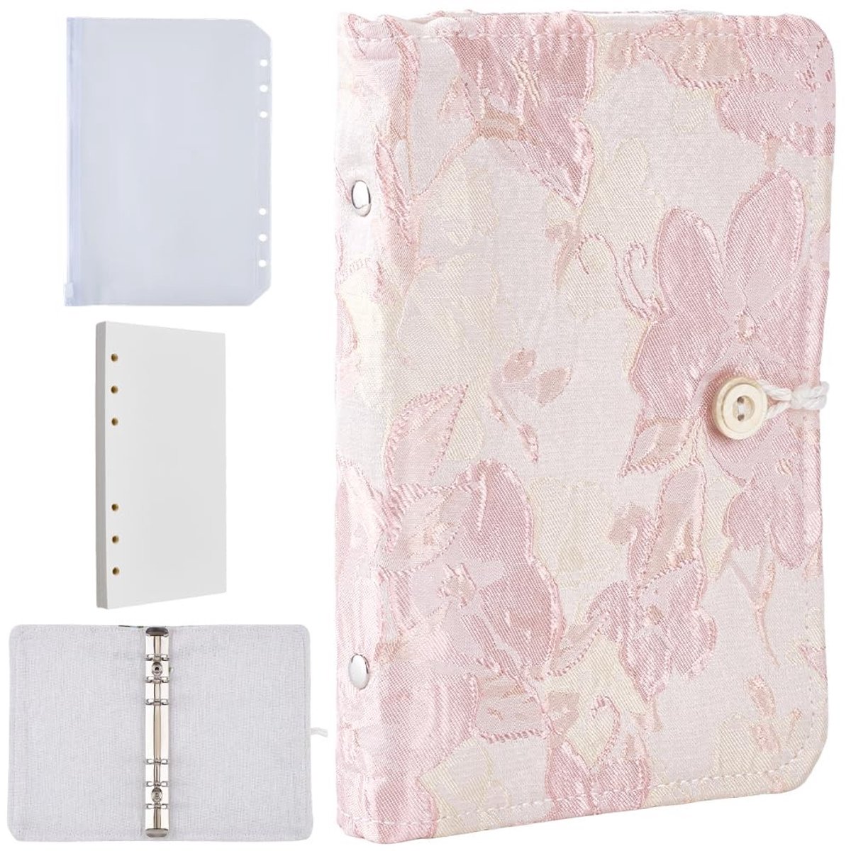 aladdien - Doek Binder Cover - Hervulbare Notitieboek - Roze Bloem Decor - Planner Organiseren - Reisdagboek - Inclusief 90 Vellen