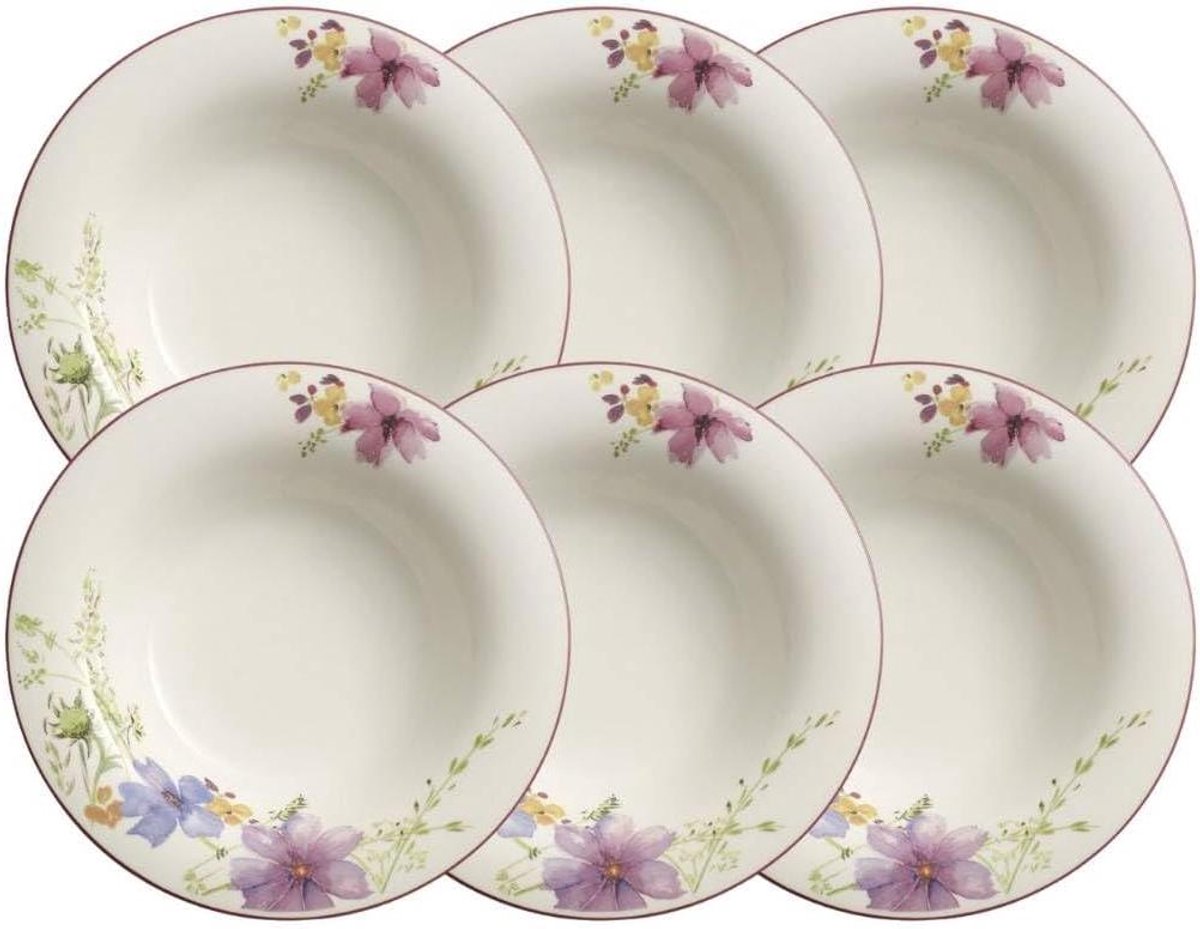Soepborden Set - Diepe Borden - Eten Serveren - Bloemen Decor - 25 cm - Wit