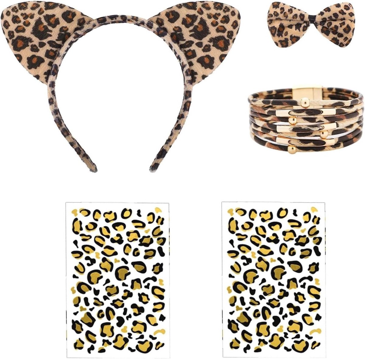 Leopard Kostuum Set met Haarbanden, Armband, Strikken en 2 Kunststickers voor Feest en Cosplay Decoratie