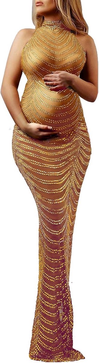 Elegante Dames Maxi Jurk met Strass Steentjes en Opstaande Kraag