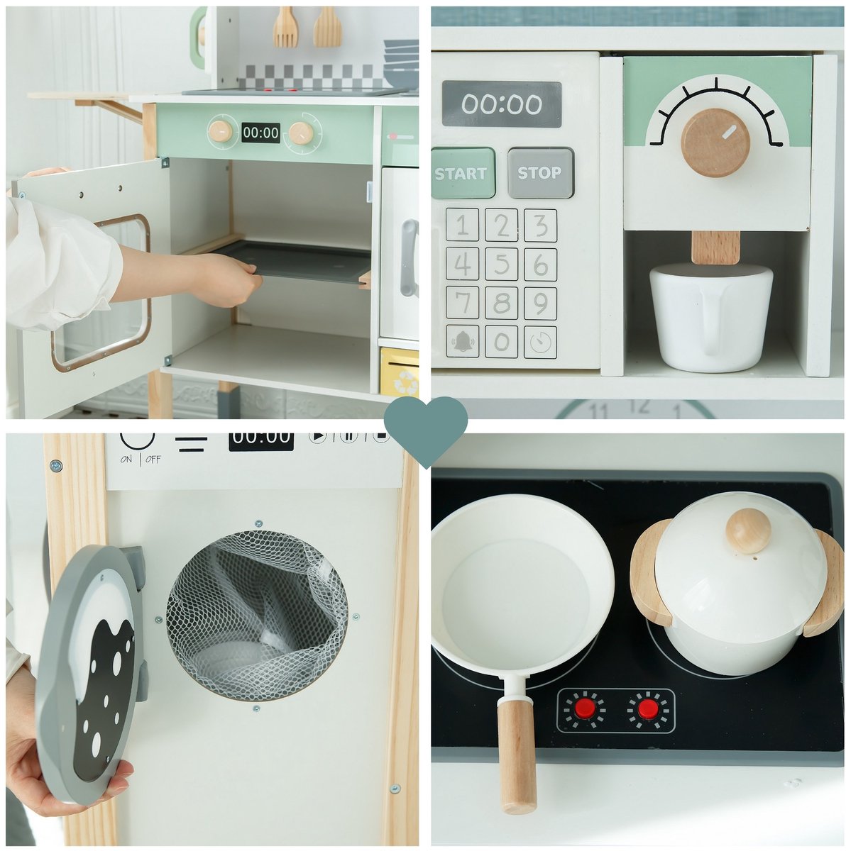 Mamabrum Houten Speelkeuken met Wasmachine, Vaatwasser en Schoolbord – Interactieve Kinderkeuken met Licht & Geluid – Verstelbare Hoogte – Inclusief Accessoires — afbeelding 4