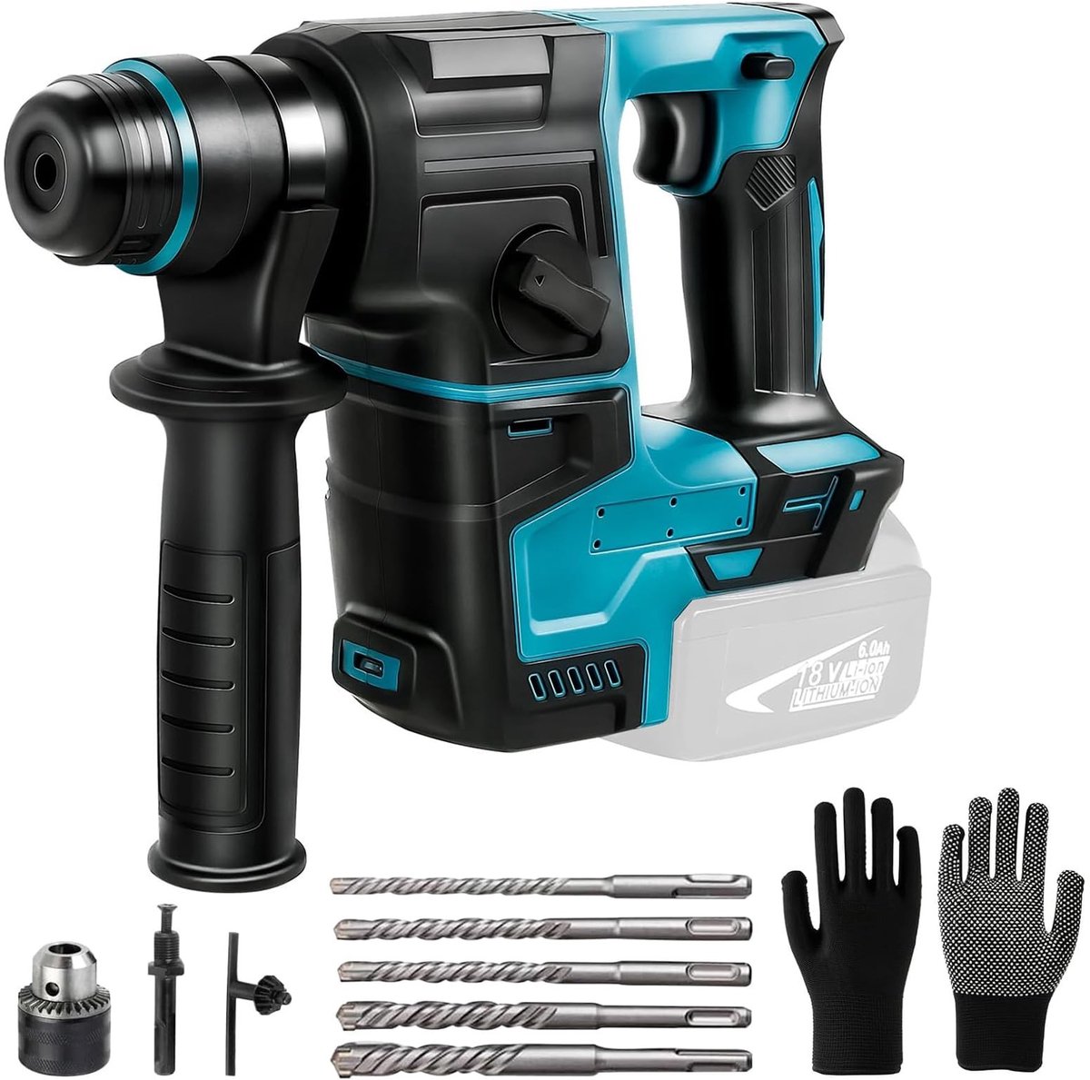 aladdien - Professionele Accuboormachineset - SDS-Plus Boorkop - 1400 U/min - Turkoois - Voor Beton en Hout - 2.2 J - Geschikt voor Klusprojecten