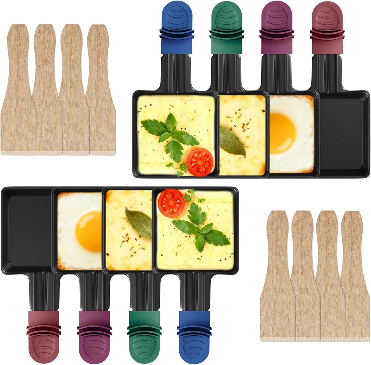 Set van 8 vierkante raclette pannetjes met anti-aanbaklaag, inclusief houten schepjes en isolerende handgrepen