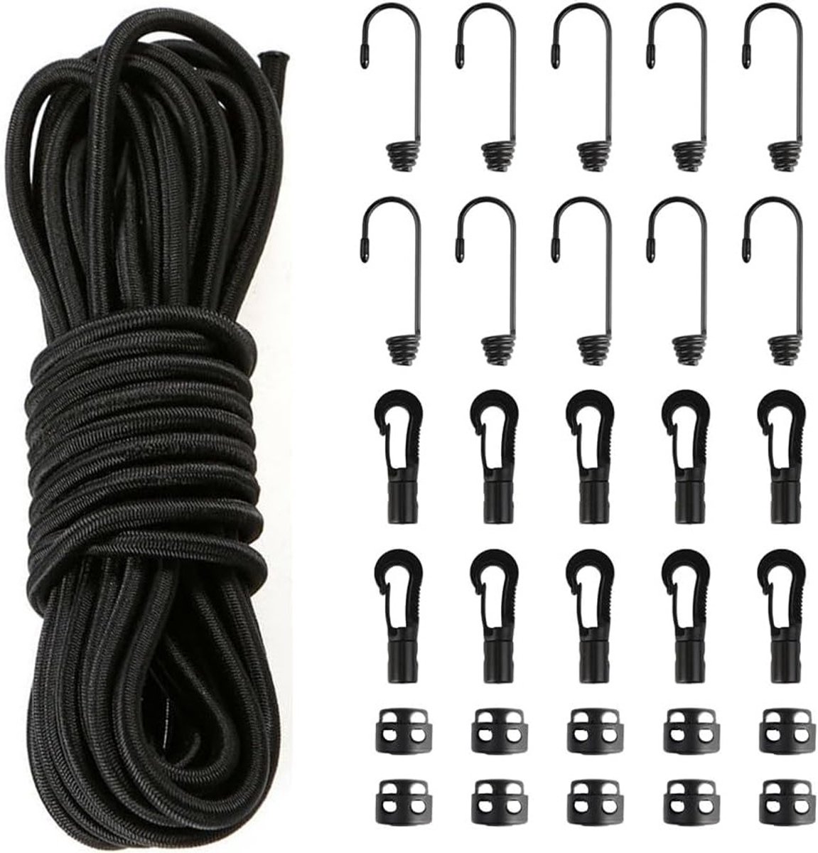 Multifunctionele Paracord van 20 meter in zwart, sterk en scheurbestendig, ideaal voor tuin, klussen en outdoor activiteiten met haken en klemmen