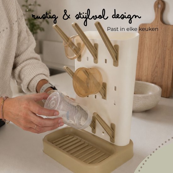 Jikkies Flessendroogrek Baby - 9 Haken met Afdruipbak & Borstelhouder - BPA-vrij & Vaatwasserbestendig - Beige Mosterd van Merkloos — afbeelding 2