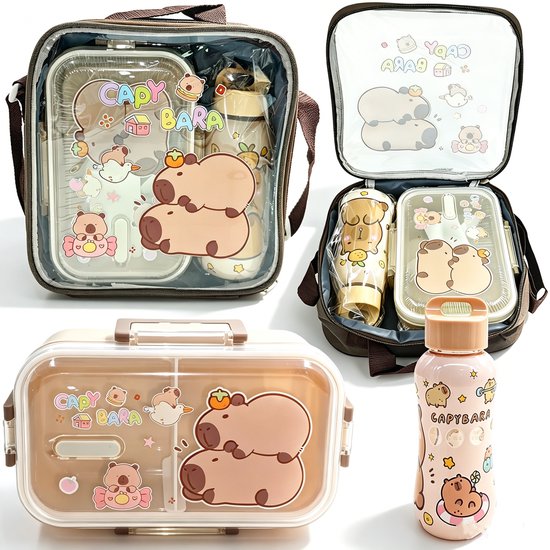 Namajunas - Capybara lunchboxset - Lunchbox kinderen - Broodtrommel met vakken - 800 ml bentobox en 350 ml waterfles - Capibara opbergzak - Schoudertas voor school, kantoor, picknick, reizen - Cadeau
