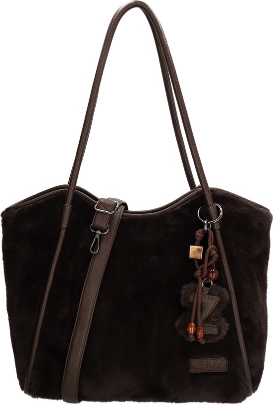 Donkerbruine shopper van imitatiebont met hengsels, een verstelbare schouderband en 'Z' bedel.