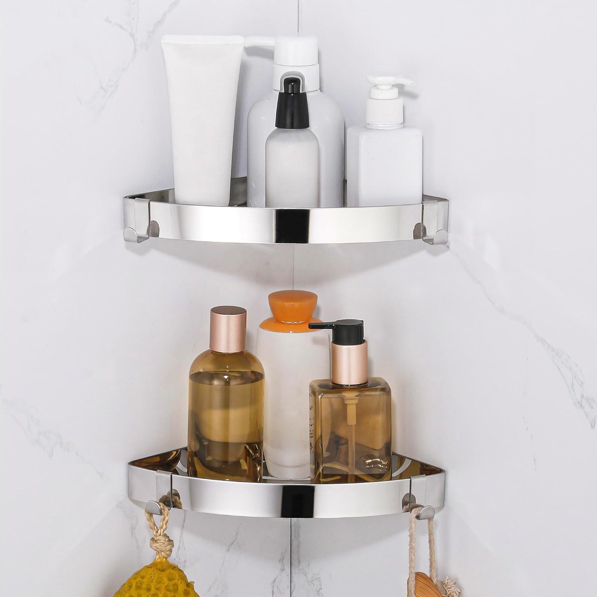Famanu – Hoek doucheplank zonder boren, roestvrijstalen wandmontage met zelfklevende bevestiging, multifunctionele badkamer organizer