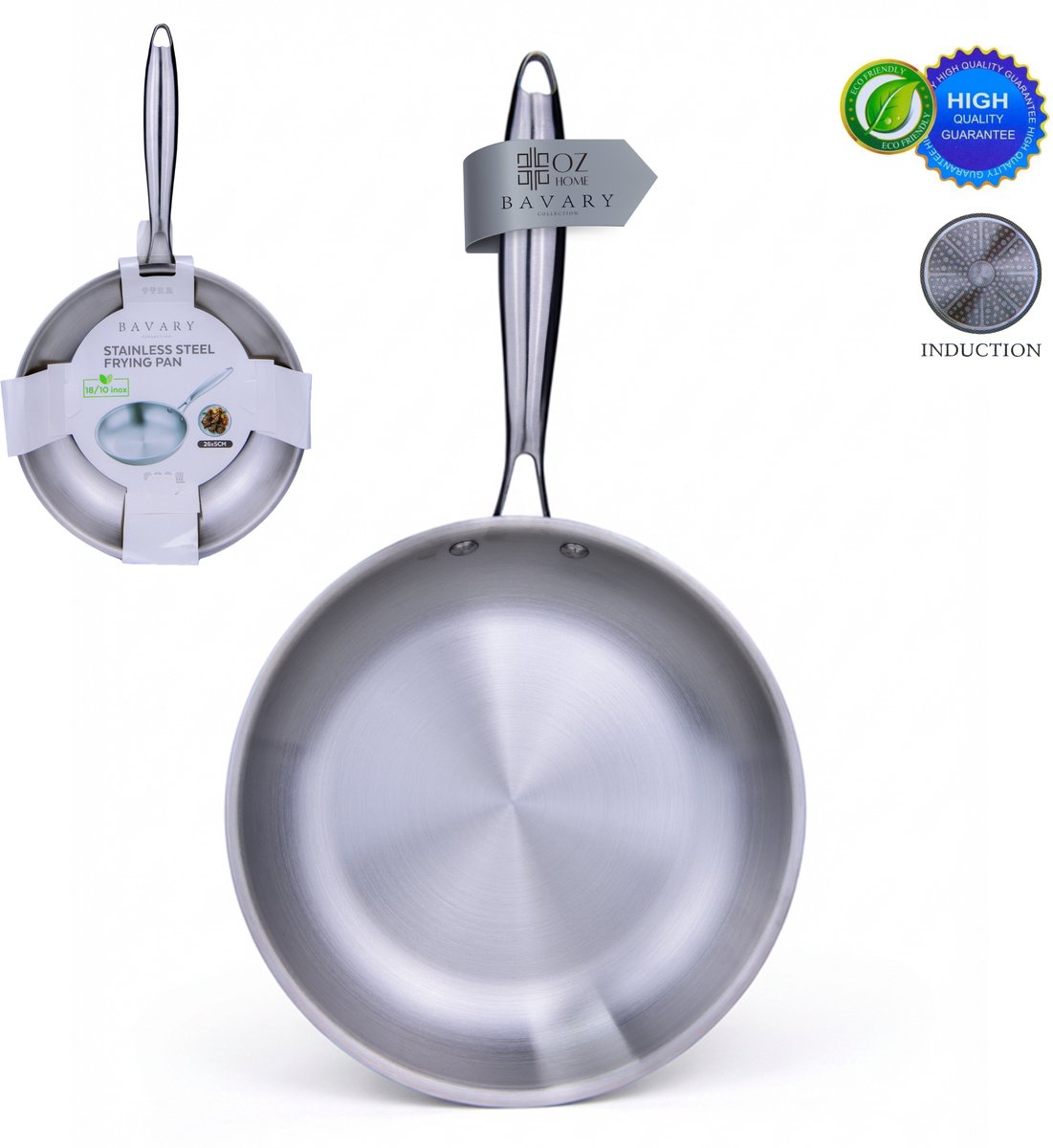 OZ Home Bavary RVS Koekenpan 26 cm - Inductie - 18/10 inox - Zonder Coating - PFAS-vrij - Alle Warmtebronnen