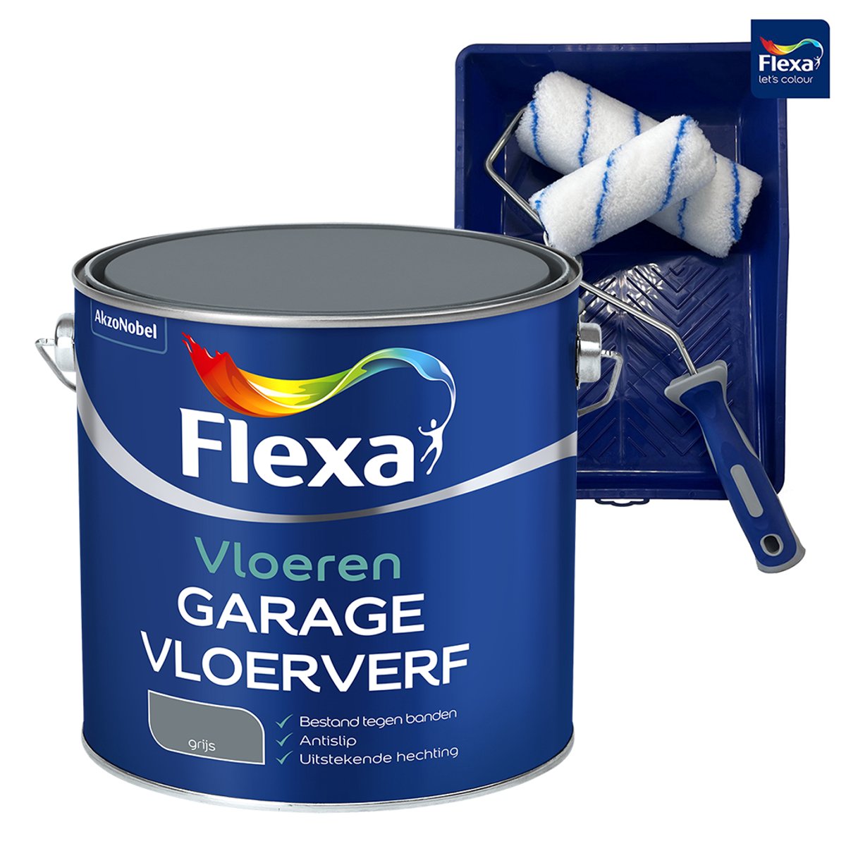Voordeelpakket Flexa Garagevloerverf - Grijs - 2,5 Liter + Muurverf Roller - 5 Delig