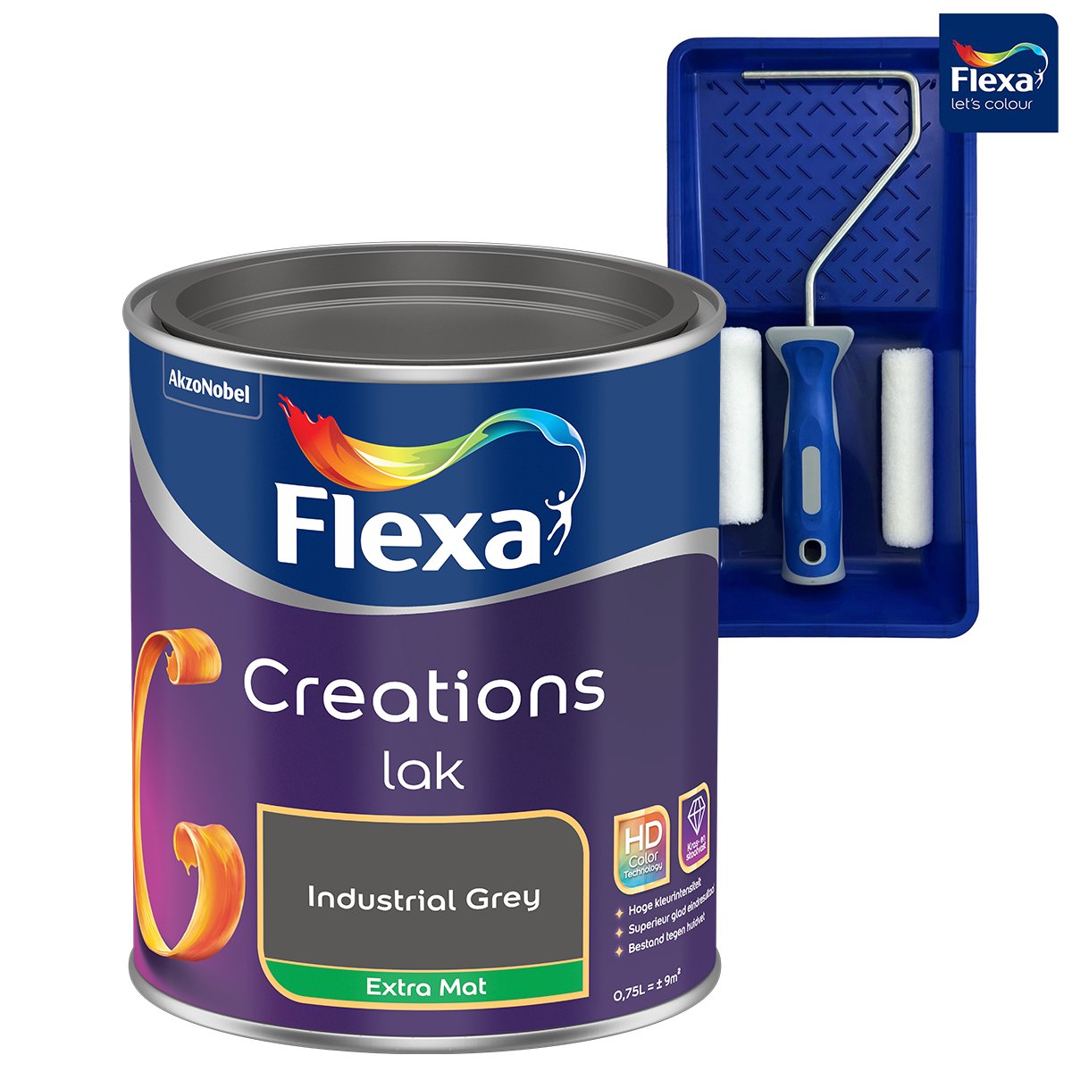 Voordeelpakket Flexa Creations - Lak Extra Mat - Industrial Grey - 750 ML + Lakroller - 4 Delig