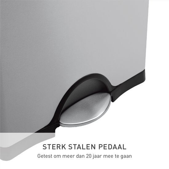 Close-up van een sterk stalen pedaal op een RVS pedaalemmer. Tekst: STERK STALEN PEN.