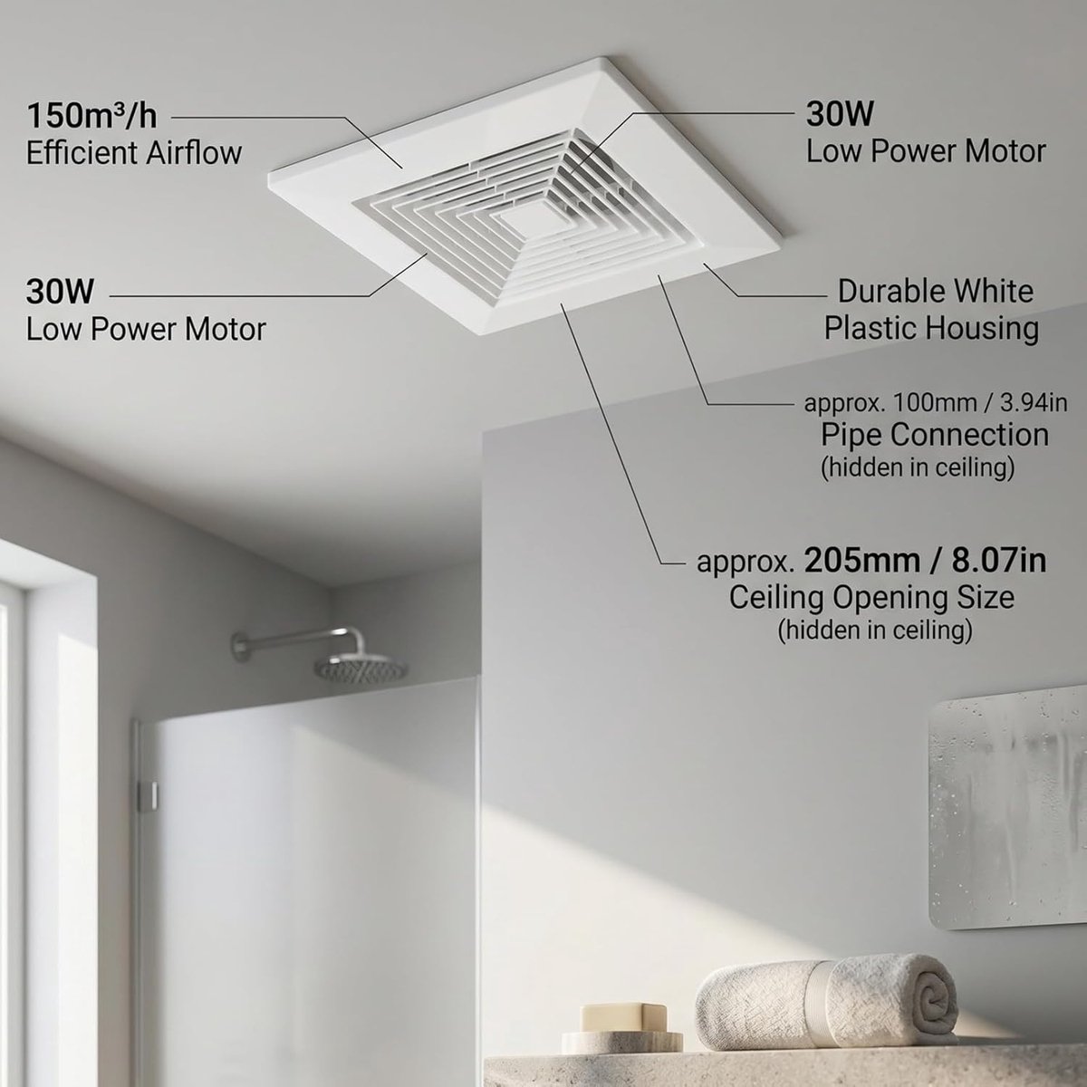 Plafondafzuigventilator - Stille Ventilator - Luchtkwaliteit Verbeteren - Krachtige Luchtstroom - 30W - Wit – foto 5