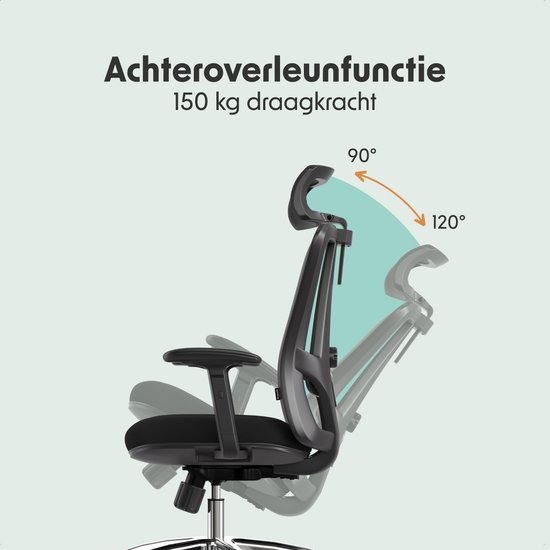 LifeGoods Ergonomische Bureaustoel - NEN1335-gecertificeerd - Gamestoel - 150kg - Office Chair - Volwassenen - Kantoorstoel - Hoofdsteun - Zwart/Chroom