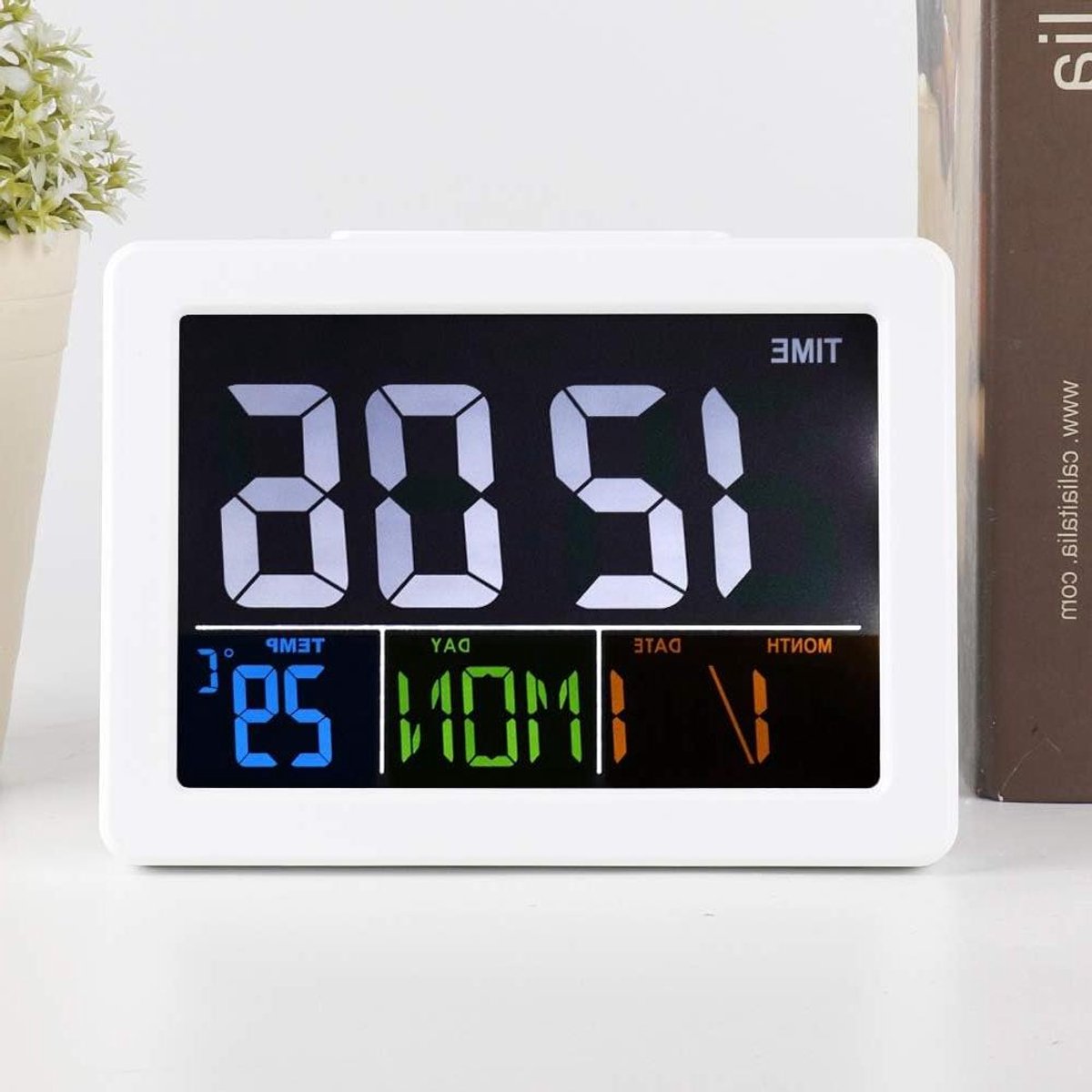 Digitale wekker - Studentenklok Kalender - Tijd Temperatuur - Groot LCD Scherm - 13.5 cm - Wit