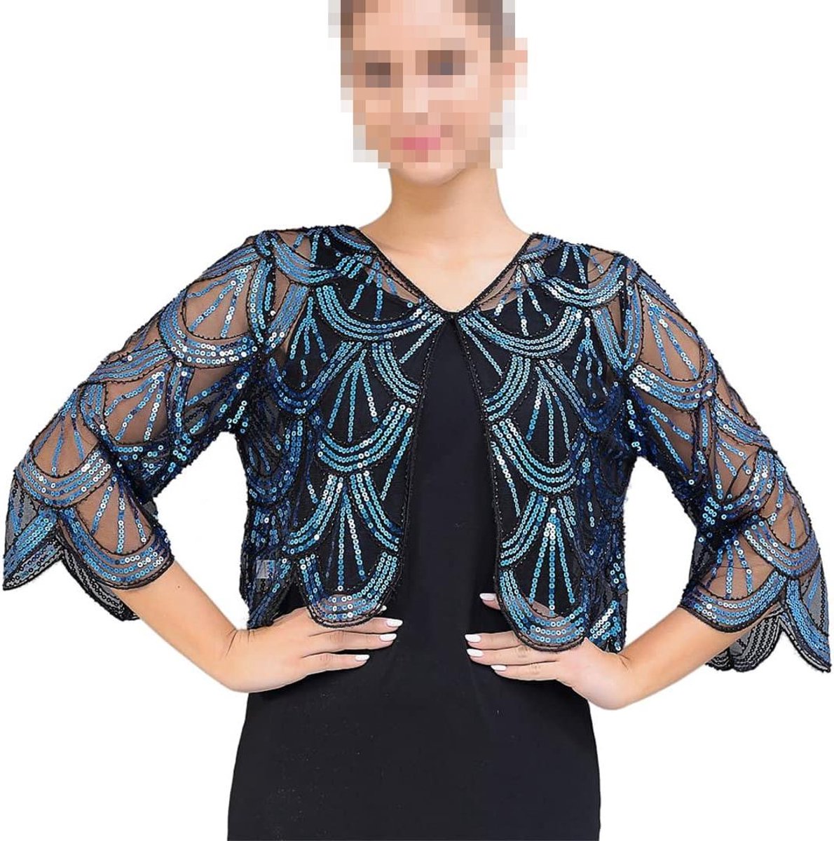 Avond Sjaal - Feestelijke Cape - Feestelijke Gelegenheid - Verfraaid met Pailletten - One Size - Zwart/Blauw