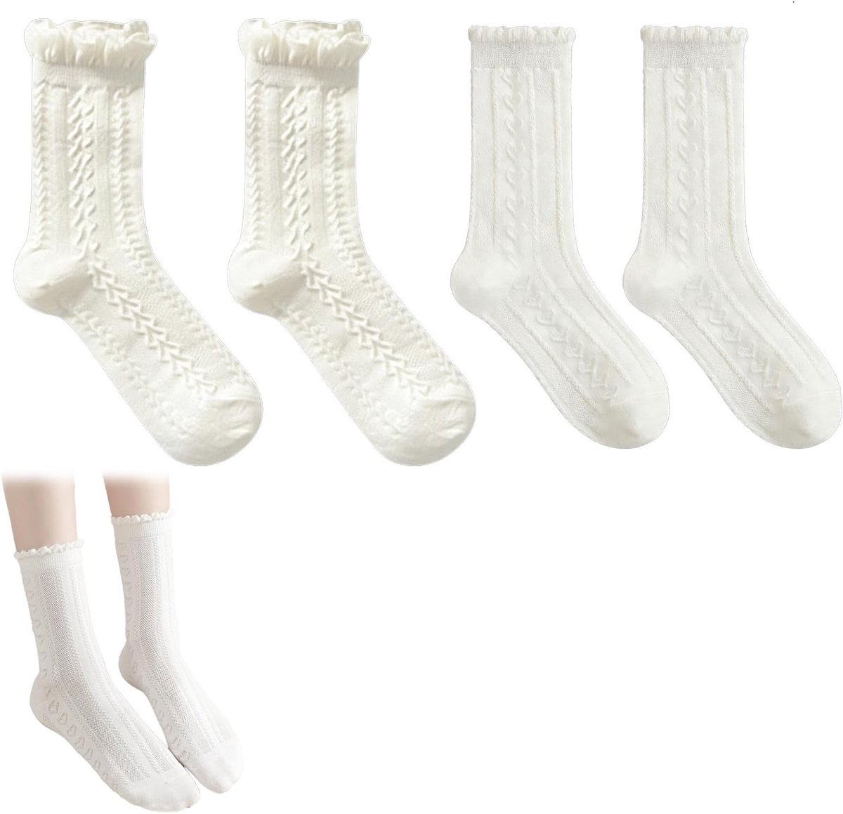 Romantische Katoenen Kindersokken in Wit en Off-Wit met Rimpels en Kant, Ideaal voor Feestdagen en Traditionele Gelegenheden
